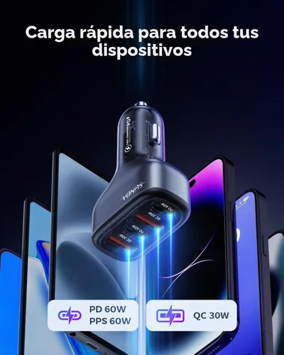 Vista 5 de SUNDA Cargador rápido USB C de 120 W, adaptador de cargador de coche de 4 puertos, doble tipo C PD60W/PPS60W compatible con iPhone15/14 CC-680 Gris