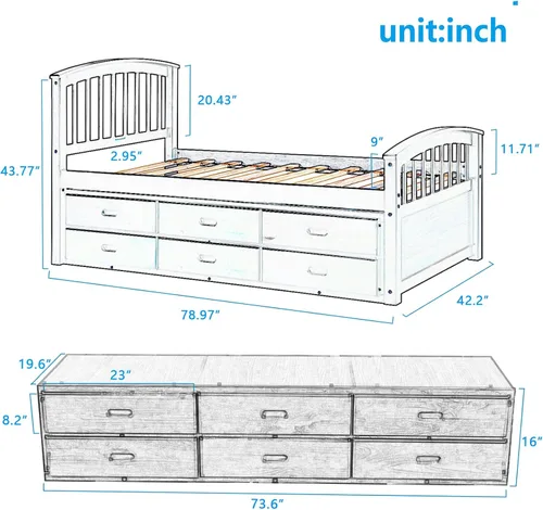Vista 2 de Cama de almacenamiento de plataforma de tamaño individual, sofá cama de capitán con 6 cajones y base de cama individual con cabecera y estribo