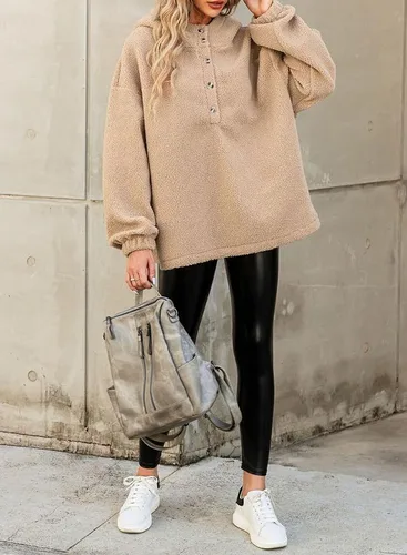 Vista 4 de Dokotoo Sudaderas con capucha de manga larga para mujer, cálidas, de vellón, con botones, de manga larga