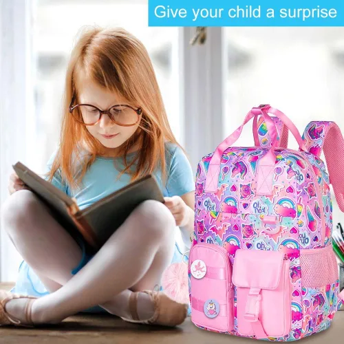 Vista 5 de WZLVO Mochila para niñas y niños, unicornio, dinosaurio, preescolar, primaria, jardín de infantes, mochila escolar para niños pequeños, Rosado, Moda