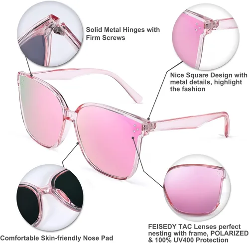Vista 2 de FEISEDY - Anteojos de sol de estilo retro cuadrados polarizados para mujeres y hombres aspecto vintage de gran tamaño B2600