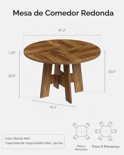 Vista 2 de EYYTHUNG Mesa de comedor redonda para 4-6 personas, mesa de cocina de granja de 47 pulgadas con patas resistentes, mesa de comedor circular