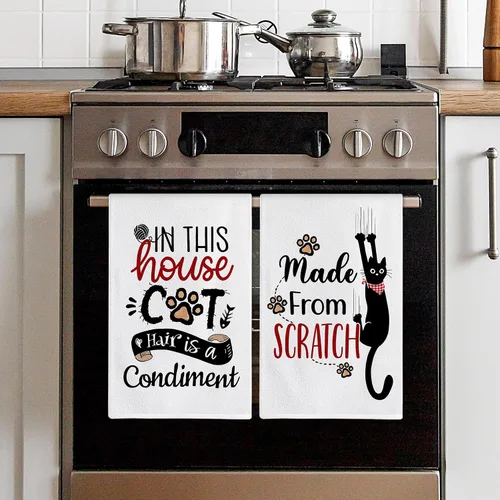Vista 4 de Bonsai Tree Juego de 4 toallas de cocina para gatos, regalos para amantes de los gatos para mamá y mujer, lindos y divertidos paños de cocina