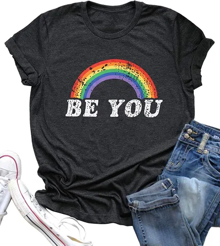 Vista 3 de Camisa de arco iris para mujer, camiseta de orgullo con estampado de arco iris, camisetas casuales de manga corta, Arco iris