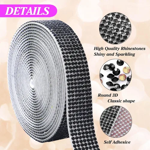 Vista 3 de Tiras de Cinta de Diamantes de Imitación de Cristal Autoadhesivas Negras, Tiras de Cinta de Diamantes de Imitación de 7 Filas con Adhesivo