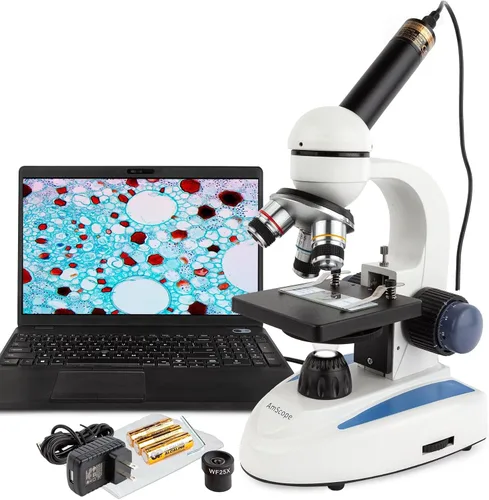 Vista 15 de AmScope Microscopio monocular compuesto inalámbrico digital M158C-2L-E, oculares WF10x y WF25x, aumento de 40x-1000x, iluminación LED superior e
