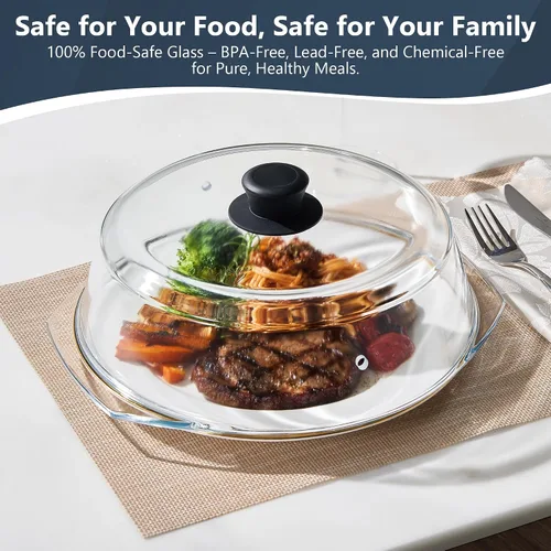 Vista 7 de Tapa protectora contra salpicaduras de microondas de vidrio para platos de comida y utensilios de cocina con guantes para horno, tapa protectora