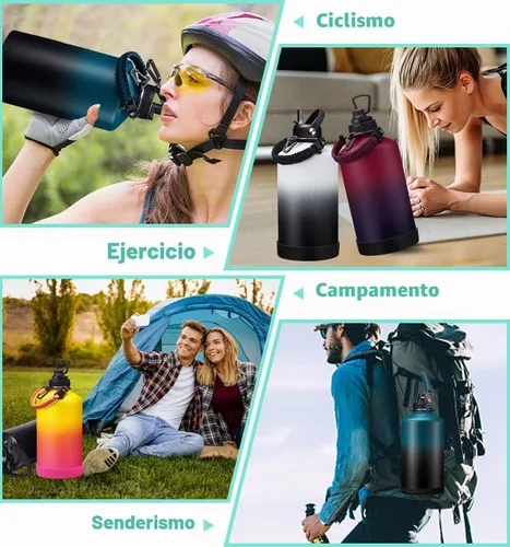 Vista 8 de Botella de agua aislada de 1 galón, con popote y tapa de pico automático, mango de paracord, funda para botella, botella de agua de acero inoxidable