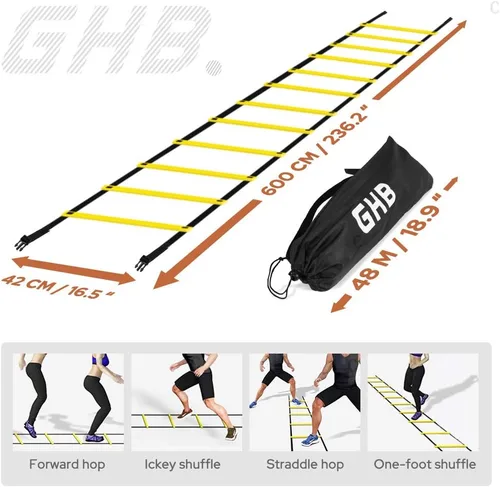 Vista 3 de GHB Pro Agility - Escaleras de entrenamiento de agilidad, velocidad de 12 peldaños y 20 pies con bolsa de transporte (amarillo y azul)