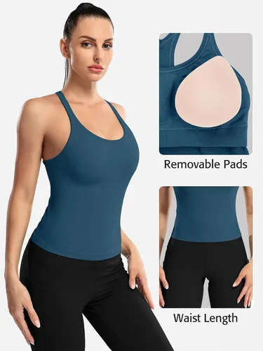 Vista 24 de ATTRACO Camiseta corta acanalada de entrenamiento para mujer con brasier integrado para yoga, espalda cruzada, ajuste ajustado