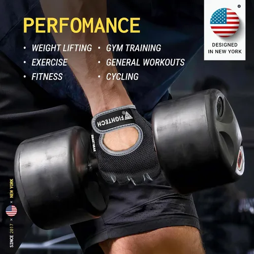 Vista 6 de FIGHTECH Guantes de entrenamiento para hombres y mujeres, guantes sin dedos para levantamiento de pesas con palmas acolchadas, guantes de gimnasio