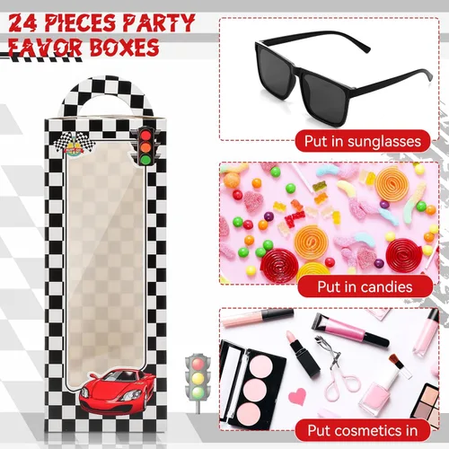 Vista 2 de Fuyoooo 24 piezas de regalos de fiesta a cuadros de carreras 12 piezas de gafas de sol negras divertidas, paquete de 12 cajas de carreras a cuadros