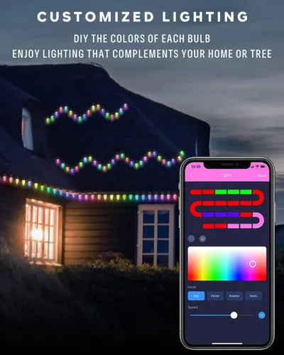 Vista 3 de Luces de Navidad dinámicas C9 para exteriores, 33 pies, 50 LED inteligentes RGB, control remoto por aplicación, conectable, impermeable, música