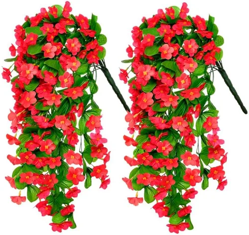 Vista 8 de Flores artificiales colgantes falsas para decoración de otoño al aire libre, 2 piezas de seda sintética violeta, aspecto resistente a los rayos UV A