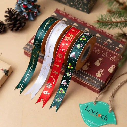 Vista 4 de 4 rollos de cinta de Navidad de 95 yardas, cintas de envoltura de regalos de Navidad de 3/4 pulgadas, envoltura de regalo de árbol de Navidad