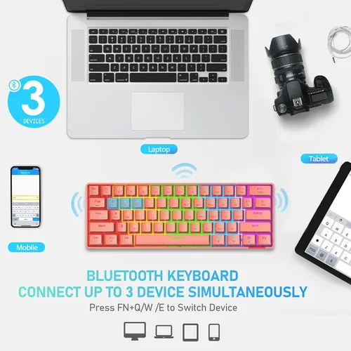 Vista 5 de Teclado mecánico inalámbrico 60% de modo dual BT5.0USB-C para juegos con retroiluminación arco iris, compacto, 61 teclas, ergonómico, recargable