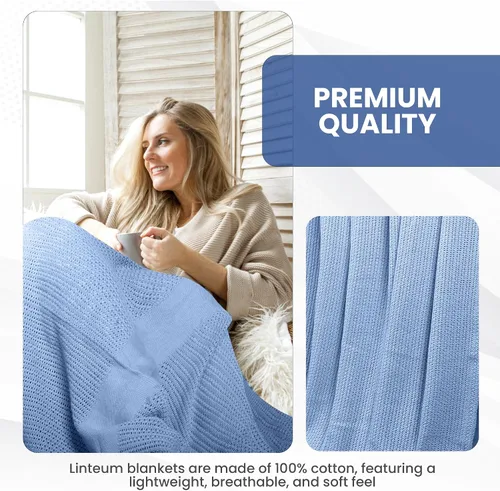 Vista 2 de Linteum Textile Supply Manta de tejido leno azul, tamaño Queen 100% algodón, ligera, cálida, esponjosa, suave y duradera, manta de cama premium