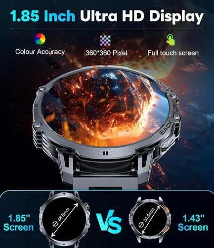 Vista 3 de LIGE Relojes inteligentes para hombres con más de 50 días de espera (1000 mAh)/1.85 pulgadas HD AMOLED pantalla grande/linterna/164.0 ft resistente