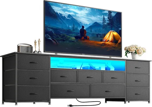 Vista 10 de Huuger Soporte de TV de 63 pulgadas para TV de 65, 70 pulgadas, cómoda larga con 11 cajones con tomas de corriente y luces LED, centro