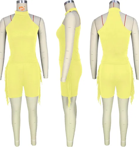 Vista 3 de LYANER Enterizo corto para mujer con borlas y cuello halter sin mangas