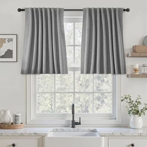 Vista 106 de UHITECH Cortinas cortas de lino de 24 pulgadas de largo para ventanas pequeñas de granja, cortinas opacas modernas para sala de estar, pestañas