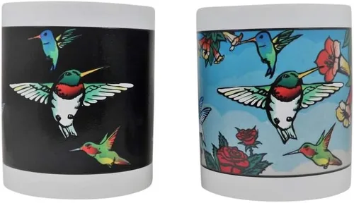 Vista 4 de Taza mágica de colibríes, taza que cambia de color, taza de café, regalo de pájaros, trochilidae, tamaño de 11 onzas