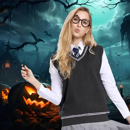 Vista 2 de Laahoem Chaleco unisex para disfraz de cosplay para hombre y mujer, chaleco de otoño e invierno, uniforme escolar, sin mangas, suéter de punto Azul