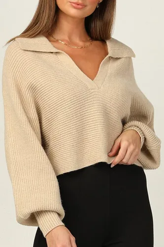 Vista 6 de CHYRII - Suéter de punto tipo polo con manga larga abombada y cuello en V para mujer, extra grande