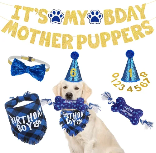 Vista 12 de SCENEREAL Suministros para fiesta de cumpleaños para perros, bandana de cumpleaños para perro, juego de collar de pajarita con números de Niño azul
