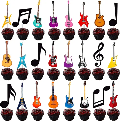Vista 2 de 24 piezas de decoración de guitarra, para cupcakes, notas musicales, rock, cumpleaños, pasteles, decoraciones de fiesta para guitarrista