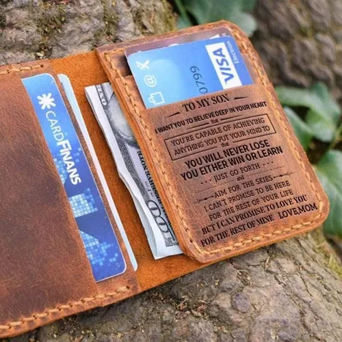 Vista 2 de Billeteras minimalistas de regalo para hijo de mamá - Cartera de cuero grabada con bolsillo frontal - Cartera personalizada con bloqueo RFID, Mamá a