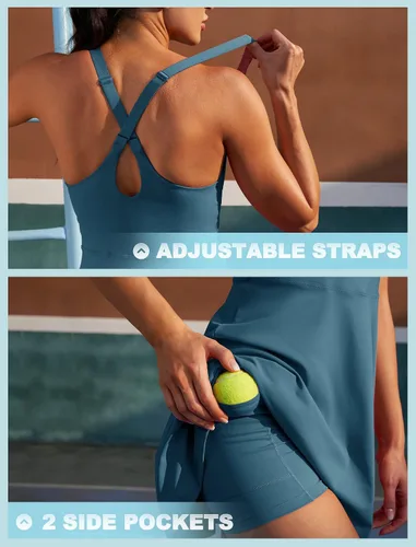 Vista 4 de IUGA Vestido de tenis para mujer, pantalones cortos integrados y brasier con tirantes ajustables, vestido de entrenamiento con bolsillos, vestidos