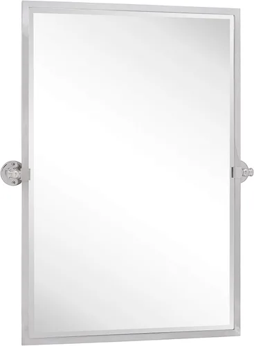 Vista 15 de Espejo rectangular de baño con marco de metal dorado cepillado, espejos de tocador biselados inclinables para pared, total 23.9 x 24 pulgadas