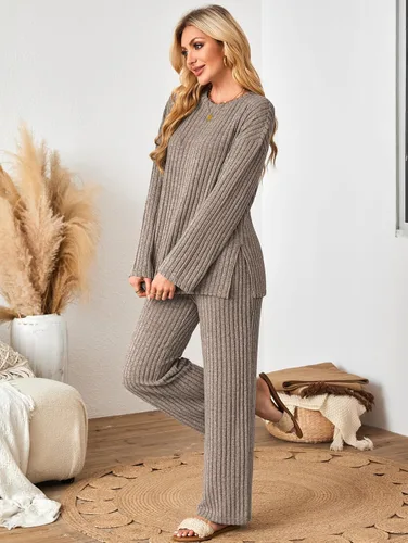 Vista 2 de Conjunto de 2 piezas para mujer, de gran tamaño, holgado, a juego, ropa de descanso de punto, ropa de dormir