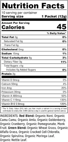 Vista 7 de Superalimento alcalinizante vegano verde y rojo Ingredientes orgánicos Camu, Chlorella, Spirullina y Moringa para apoyo inmunológico Suplemento