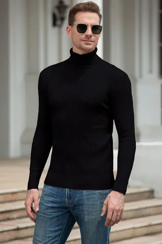 Vista 3 de QZH.DUAO - Suéteres informales de cuello alto para hombre, diseño entallado de punto trenzado, manga larga, sin botones