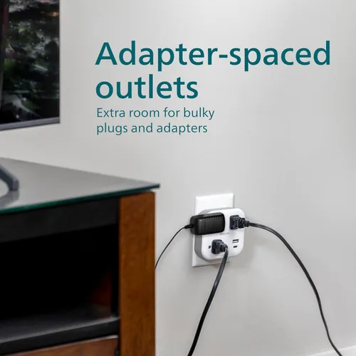 Vista 3 de Philips EZFit Extensor de Tomacorriente con Protección contra Sobretensiones de 3 Salidas con USB, 1 USB-A, 1 USB-C, Espaciado para Adaptadores
