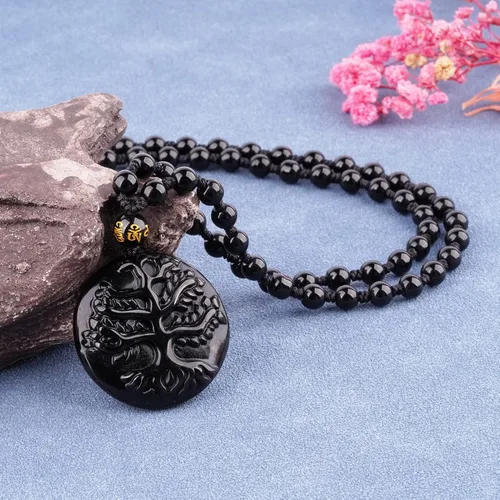 Vista 3 de VIKCAUX Collar de obsidiana negra con dije de protección con cadena de cuentas extendida de cristal curativo para hombres y mujeres, Cristal