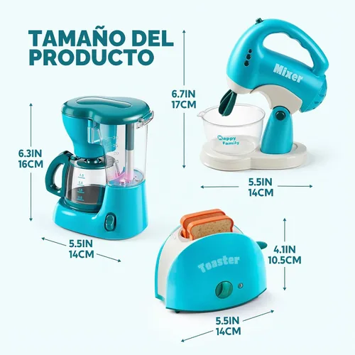 Vista 3 de Joyin Juguetes de cocina para jugar, accesorios de cocina de comida para niñas, juguete con cafetera, mezclador, tostadora con luces y sonidos Azul