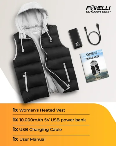 Vista 8 de Foxelli Chaleco térmico para mujer con batería incluida, chaleco ligero recargable por USB para mujer