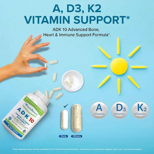 Vista 9 de Power By Naturals ADK 10 - Vitamina A de alta potencia, D3 10000 IU, suplemento K2 MK7 – 90 pastillas (1 unidad) para 3 meses de apoyo a la salud