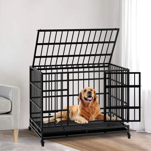 Vista 8 de Jaula plegable indestructible para perros con ruedas, jaula de metal resistente a prueba de escapes de 48 pulgadas para perros grandes y medianos