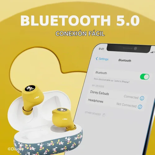 Vista 6 de Auriculares Bluetooth Disney Mickey Mouse con estuche de carga - Auriculares inalámbricos Bluetooth con micrófono incorporado y 30 horas