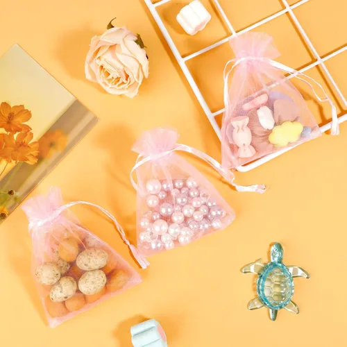 Vista 4 de Bolsas de organza, bolsas de organza rosa, 100 unidades, bolsas de organza transparente de 3 x 4 pulgadas, bolsas de regalo de joyería, bolsas