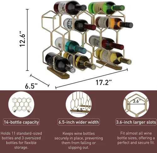 Vista 3 de Buruis Estante de vino para encimera, soporte para vino de 14 botellas con Dorado
