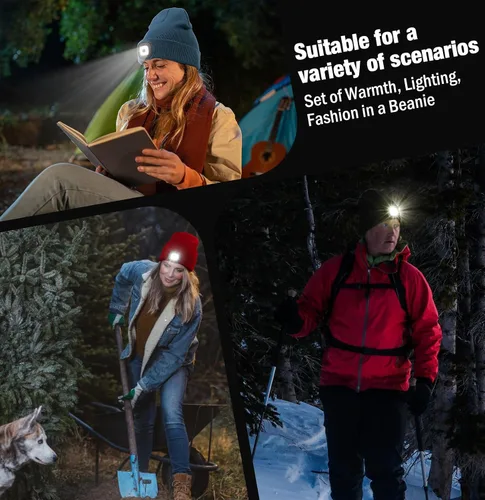 Vista 6 de Gorro LED unisex, linterna de invierno recargable por USB, gorro de Navidad con luz para hombre, esmeralda