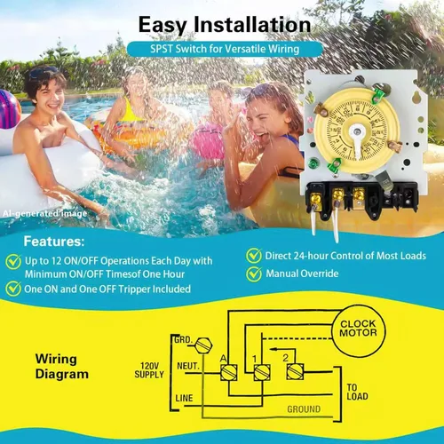 Vista 5 de Interruptor de temporizador mecánico T101, 120 V 40 A SPST, 2 HP para temporizador de luz exterior, calentador de agua, HVAC y bomba de piscina, 12