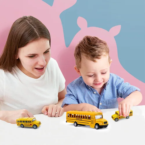 Vista 6 de Juego de 3 autobuses escolares de jalar, vehículos de juguete de metal fundido a presión con amarillo brillante para niños, niñas, niños pequeños