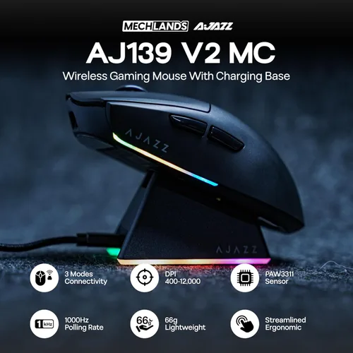 Vista 2 de MechLands AJAZZ AJ139 V2 MC Mouse para juegos con base de carga, ajustable 12,000 DPI, sensor PAW3311, 3 modos de mouse inalámbrico, batería de 500