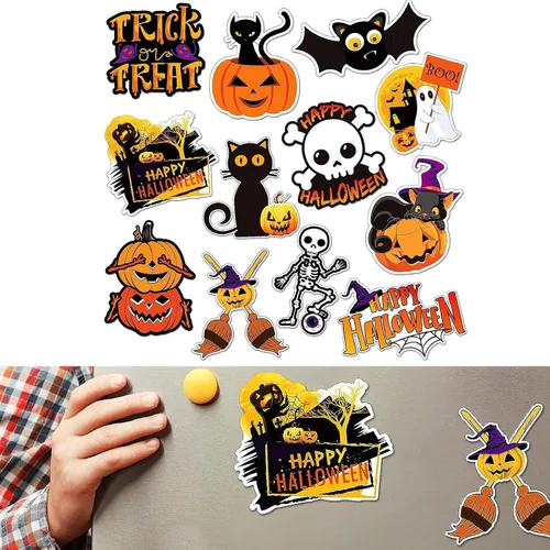 Vista 7 de QODOLSI 12 calcomanías para el cuerpo de Halloween para automóvil, adsorción, calabaza, fantasma, mago, personalidad, impresión clara, adornos